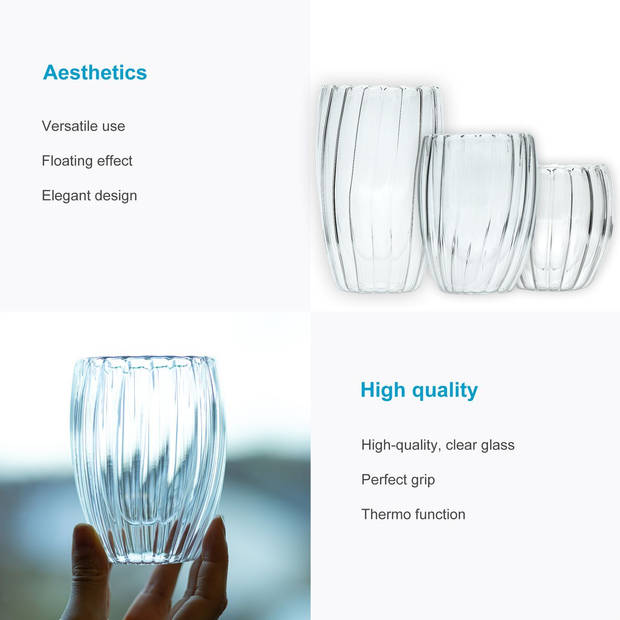 Intirilife 4x dubbelwandig thermoglas - gestreepte stijl - 210ml - mondgeblazen geïsoleerd theeglas of koffieglas