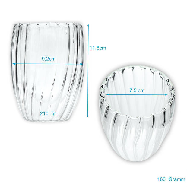 Intirilife 4x dubbelwandig thermoglas - gestreepte stijl - 210ml - mondgeblazen geïsoleerd theeglas of koffieglas