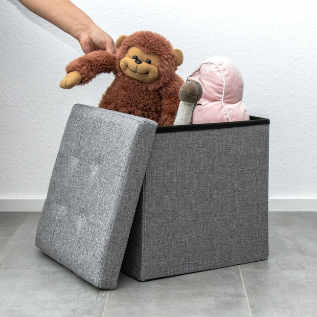 Intirilife opvouwbare kruk 38x38x38 cm in rock grey stoel poef kruk met opbergruimte en bekleding van stof met troggen