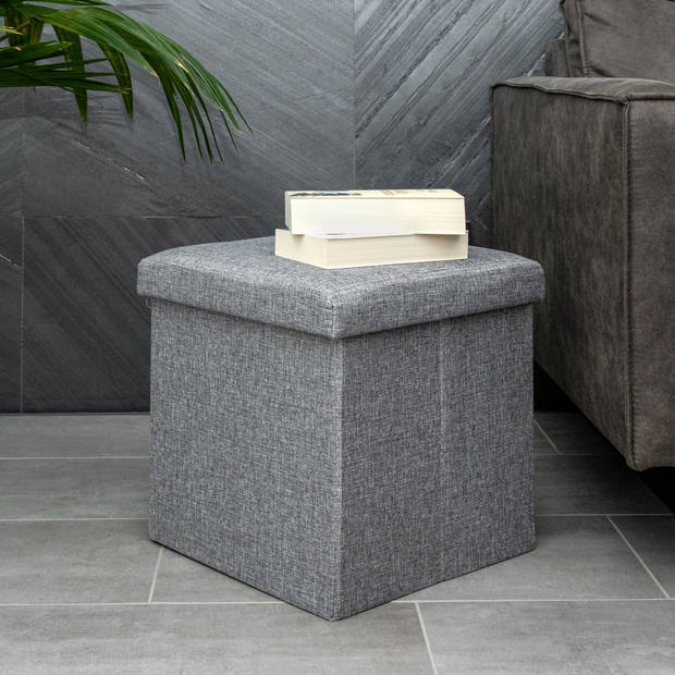 Intirilife opvouwbare kruk 38x38x38 cm in rock grey stoel poef kruk met opbergruimte en bekleding van stof met troggen