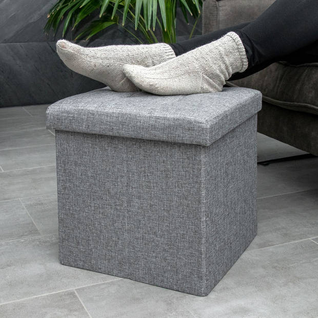 Intirilife opvouwbare kruk 38x38x38 cm in rock grey stoel poef kruk met opbergruimte en bekleding van stof met troggen