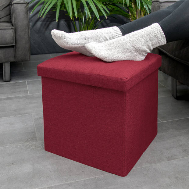 Intirilife opvouwbaar krukje 38x38x38 cm in granat red stoel poef met opbergruimte en deksel van stof opbergbox kist