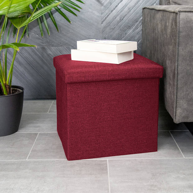 Intirilife opvouwbaar krukje 38x38x38 cm in granat red stoel poef met opbergruimte en deksel van stof opbergbox kist