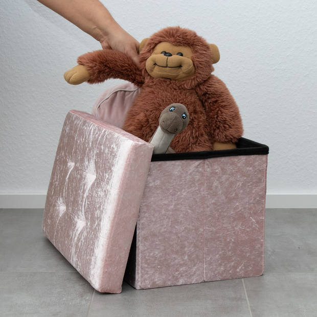 Intirilife opvouwbare bank 49x30x30cm in fluweel rosé kruk stoel met opbergruimte en deksel met fluwelen hoes opbergkist