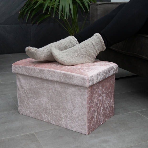 Intirilife opvouwbare bank 49x30x30cm in fluweel rosé kruk stoel met opbergruimte en deksel met fluwelen hoes opbergkist