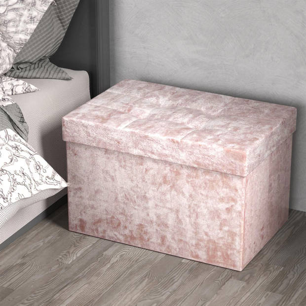 Intirilife opvouwbare bank 49x30x30cm in fluweel rosé kruk stoel met opbergruimte en deksel met fluwelen hoes opbergkist