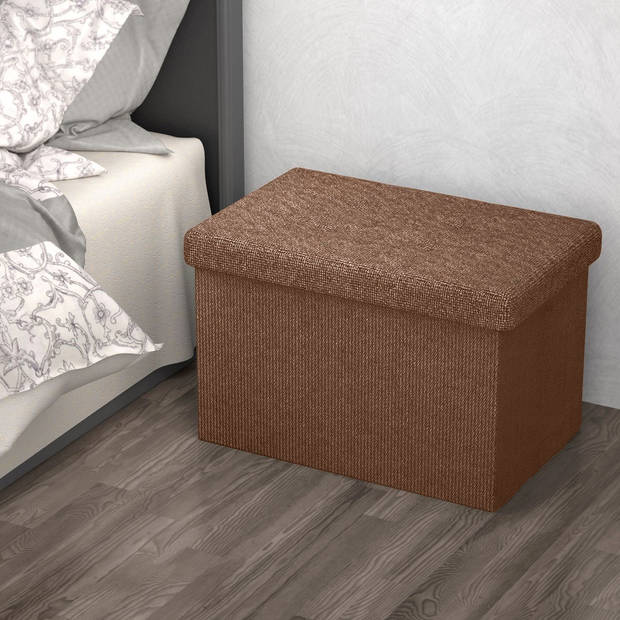 Intirilife kruk 49x30x30 cm in amber bruin - zitkubus met opbergruimte en bekleding van stof met linnenlook