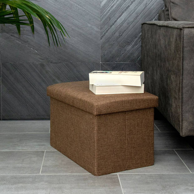 Intirilife kruk 49x30x30 cm in amber bruin - zitkubus met opbergruimte en bekleding van stof met linnenlook