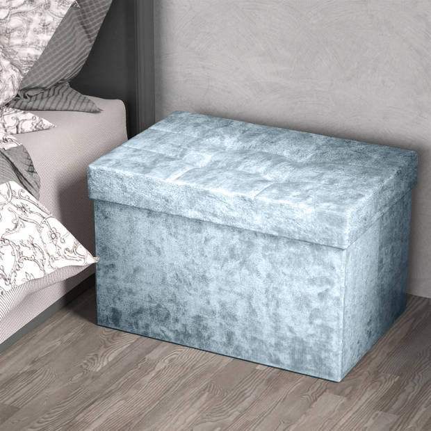 Intirilife opvouwbare bank 49x30x30cm in fluweel blauw-grijs stoel kruk met opbergruimte deksel fluwelen hoes opbergbox