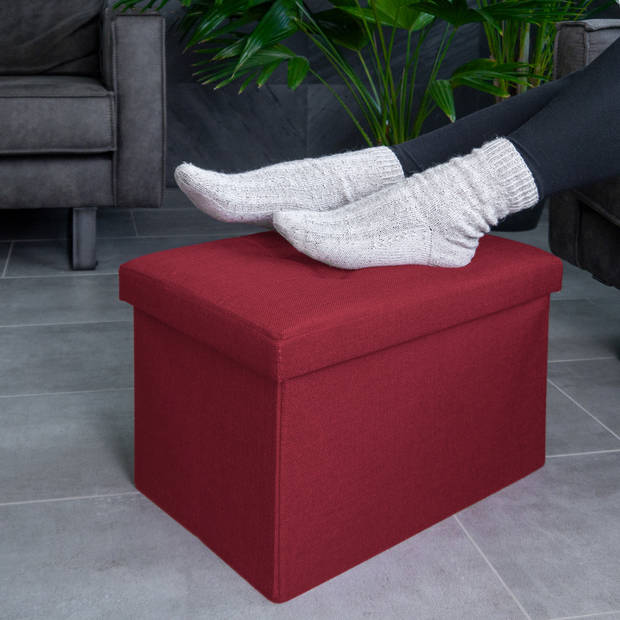 Intirilife opvouwbare kruk 49x30x30 cm in granat red bank stoel met opbergruimte en deksel van stof opbergbox kist