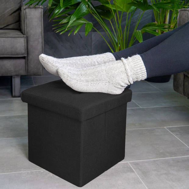 Intirilife opvouwbare kruk 30x30x30 cm in piano black stoel poef met opbergruimte en hoes van stof met troggen