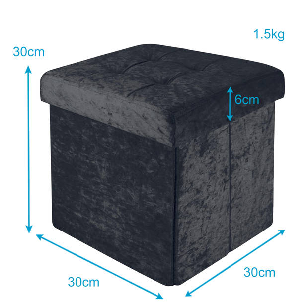 Intirilife opvouwbaar krukje 30x30x30 cm in fluweelzwart - stoel poef met opbergruimte en deksel met fluwelen hoes