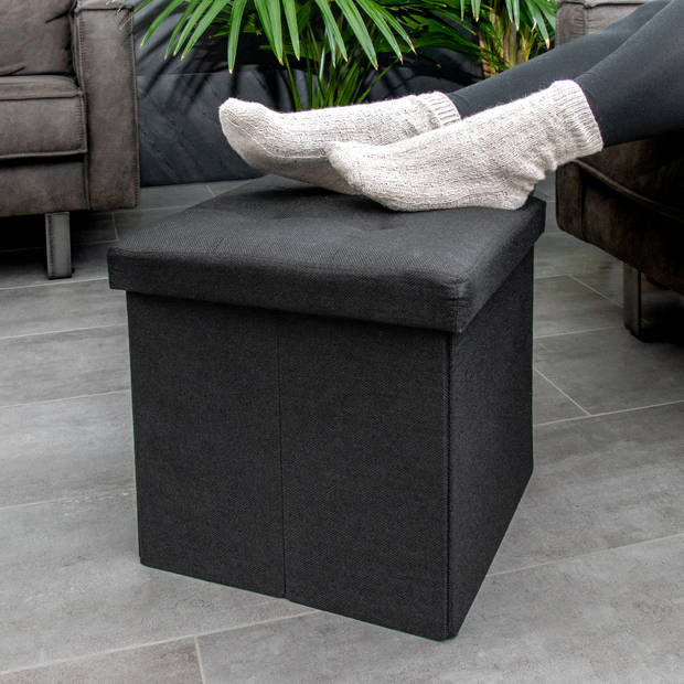 Intirilife opvouwbare kruk 38x38x38 cm in piano black stoel poef met opbergruimte en hoes van stof met troggen