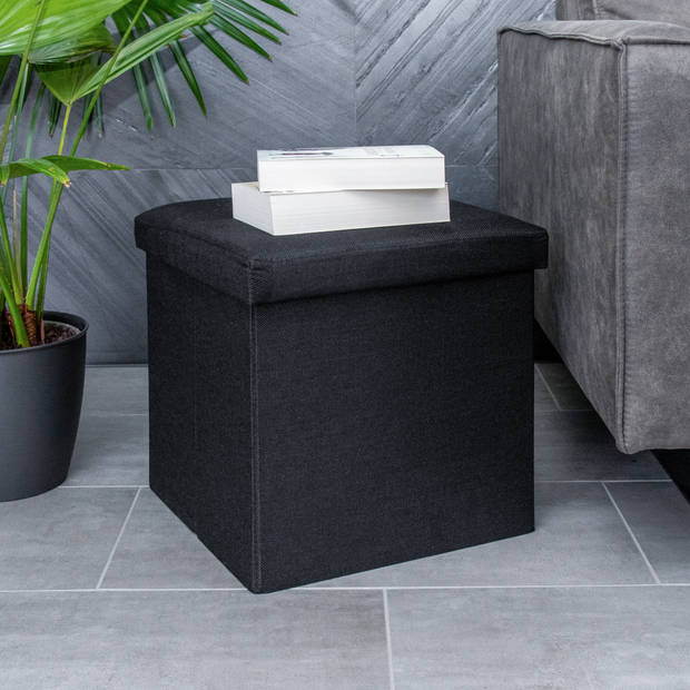 Intirilife opvouwbare kruk 38x38x38 cm in piano black stoel poef met opbergruimte en hoes van stof met troggen