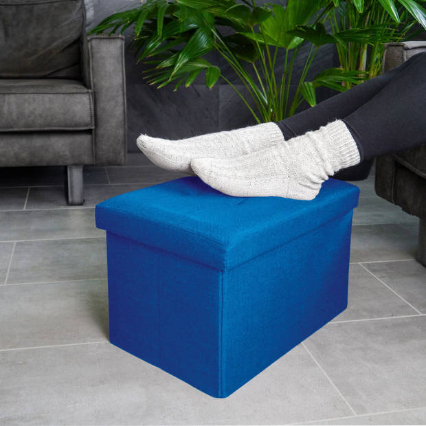 Intirilife opvouwbare kruk 49x30x30 cm in ocean blue bank stoel met opbergruimte en deksel van stof opbergbox kist