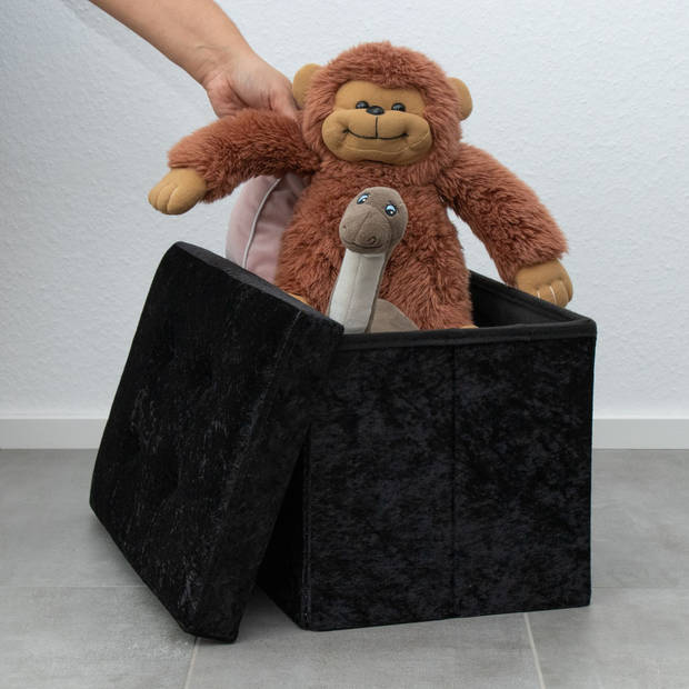 Intirilife opvouwbare bank 49x30x30cm in zwart fluweel kruk stoel met opbergruimte en deksel met fluwelen hoes opbergbox