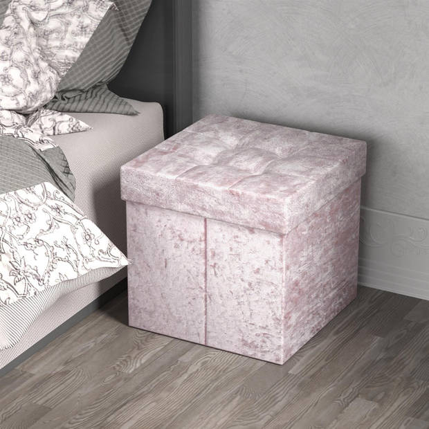 Intirilife opvouwbaar krukje 38x38x38 cm in fluweel rosé stoel poef met opbergruimte en deksel met fluwelen bekleding