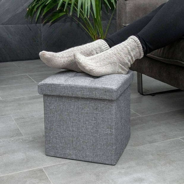 Intirilife opvouwbare kruk 30x30x30 cm in rock grey stoel poef met opbergruimte en hoes van stof met verdiepingen