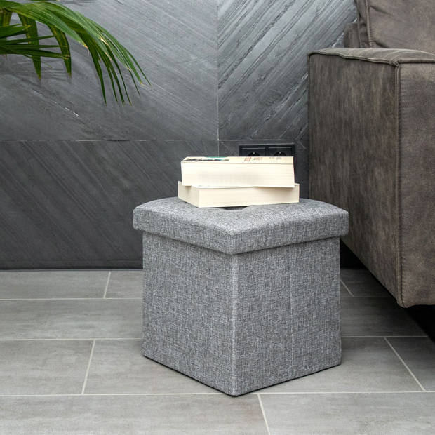 Intirilife opvouwbare kruk 30x30x30 cm in rock grey stoel poef met opbergruimte en hoes van stof met verdiepingen