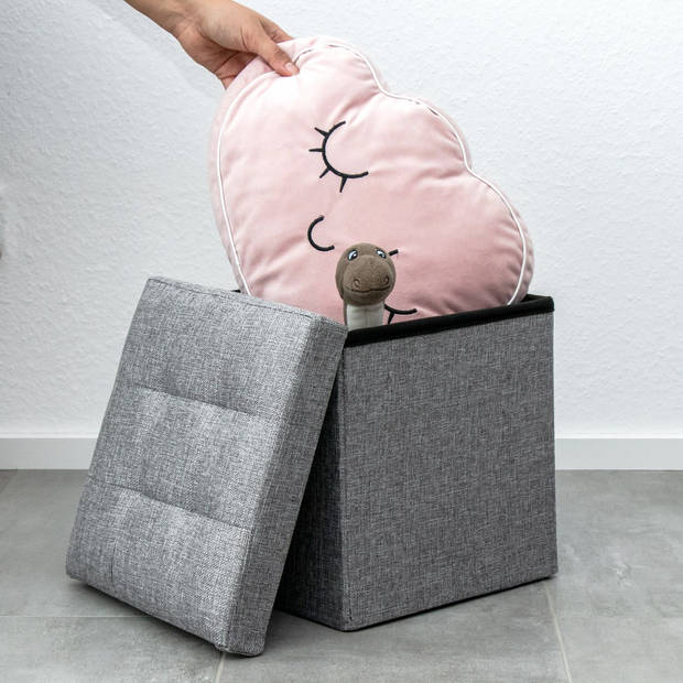 Intirilife opvouwbare kruk 30x30x30 cm in rock grey stoel poef met opbergruimte en hoes van stof met verdiepingen