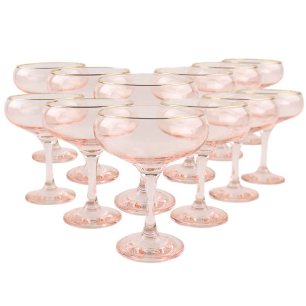 OTIX Champagnecoupe - Glazen - Set van 12 - Roze - Champagneglazen - met Gouden Randje - 270ml