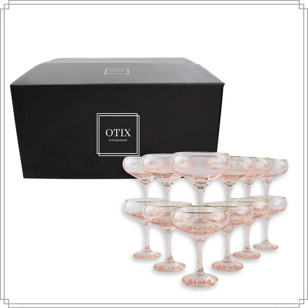 OTIX Champagnecoupe - Glazen - Set van 12 - Roze - Champagneglazen - met Gouden Randje - 270ml