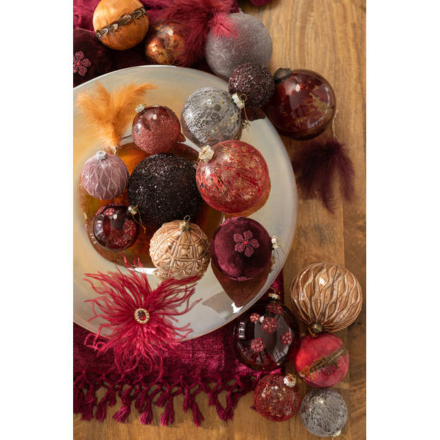 J-line - Doos Van 4 Kerstballen Bloemen Glas Burgundy Large - 12x12x12cm