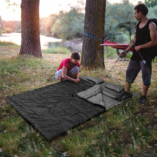 Costway Dubbele 2-in-1 Waterdichte Slaapzak Voor 2-personen - Slaapzak met 2 Kussens en Draagtas 220x150 cm Zwart