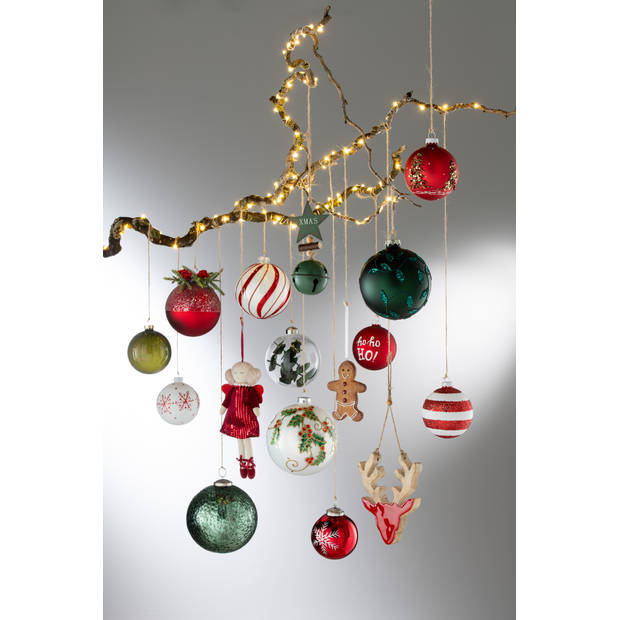 J-line - Doos Van 4 Kerstballen Blaadjes Glitter Glas Mat Groen Medium - 10x10x10cm