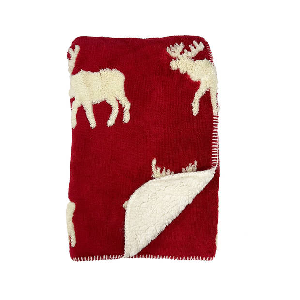 REINDEER - Plaid 140x180 cm - fleece deken met sherpa voering en rendieren - Biking Red - rood