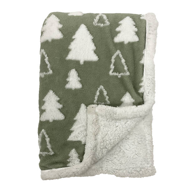 PINE - Plaid 140x180 cm - fleece deken met sherpa voering en dennenbomen - Abbey Stone - groen