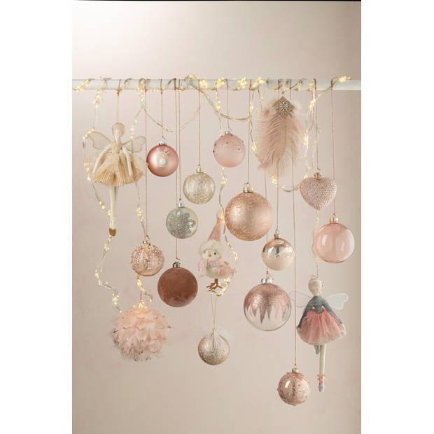 J-line - Doos Van 6 Kerstballen Hart Glitter Glas Blinkend Licht Roze Small - 9.5x4.5x9.5cm