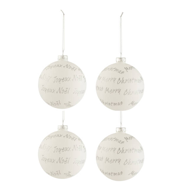 J-line - Doos Van 4 Kerstballen Xmas/noel Glas Wit/zilver Medium - 10x10x10cm