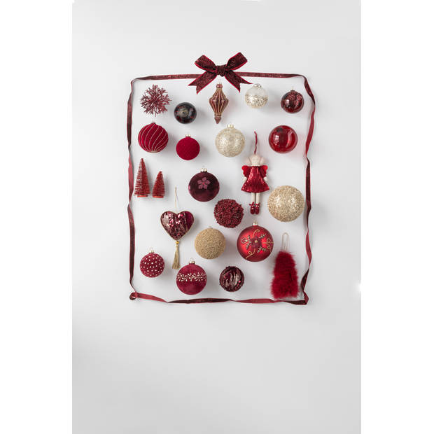 J-line - Doos Van 4 Kerstballen Bloemen Fluweel Glas Burgundy Large - 12x12x12cm