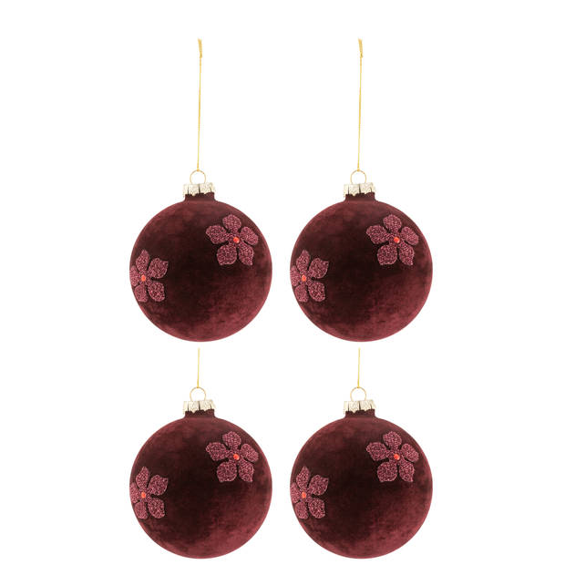 J-line - Doos Van 4 Kerstballen Bloemen Fluweel Glas Burgundy Medium - 10x10x10cm