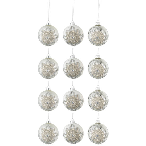 J-line - Doos Van 12 Kerstballen 4+4+4 Ornament Parels Glas Mat Wit/mat Zilver/blinkend Zilver Small - 8x8x10cm