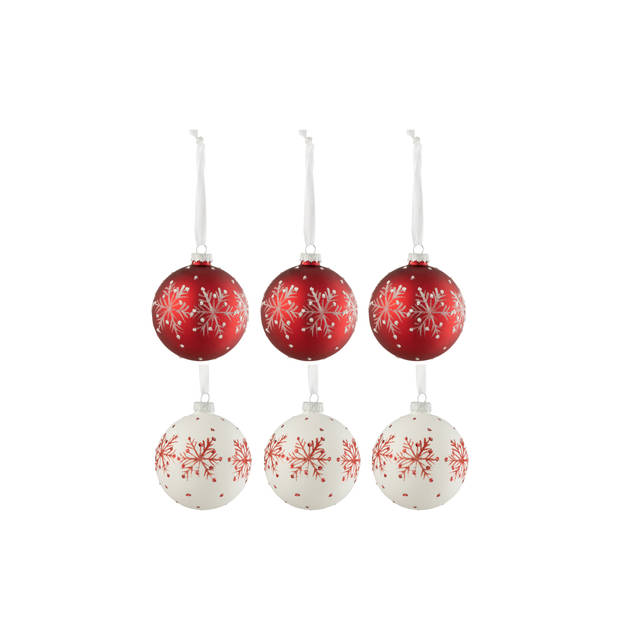 J-line - Doos Van 6 Kerstballen Sneeuwvlokken Glitter Glas Wit/rd Small - 8.5x8.5x10cm