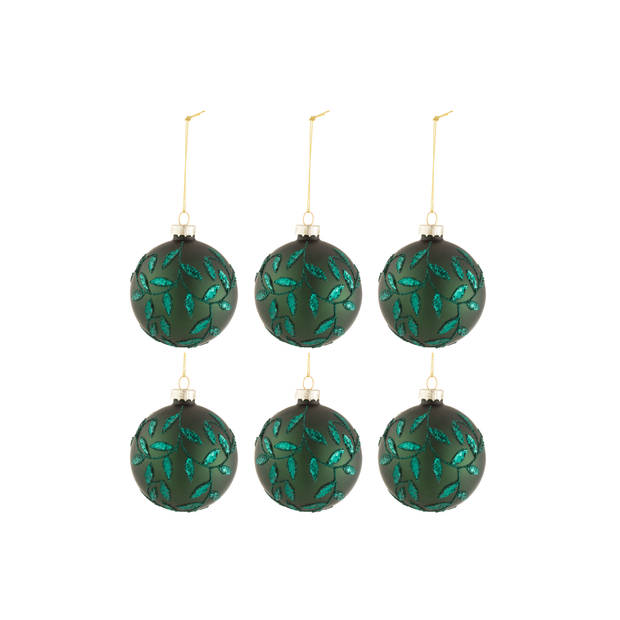 J-line - Doos Van 6 Kerstballen Blaadjes Glitter Glas Mat Groen Small - 8x8x8cm