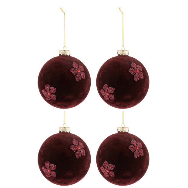 J-line - Doos Van 4 Kerstballen Bloemen Fluweel Glas Burgundy Large - 12x12x12cm