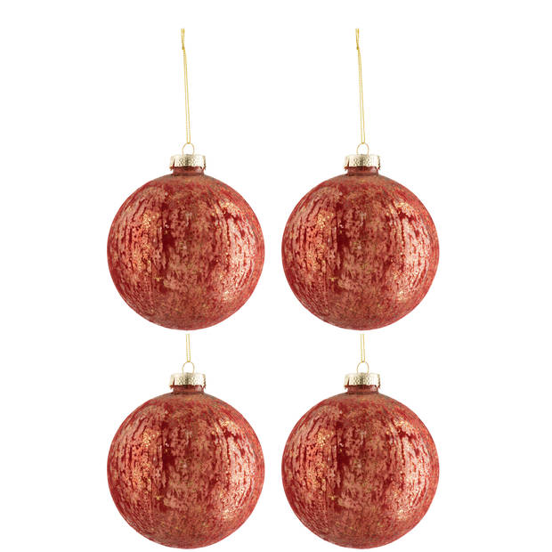 J-line - Doos Van 4 Kerstballen Fluweel Glas Antiek Bordeaux/goud Large - 12x12x12cm