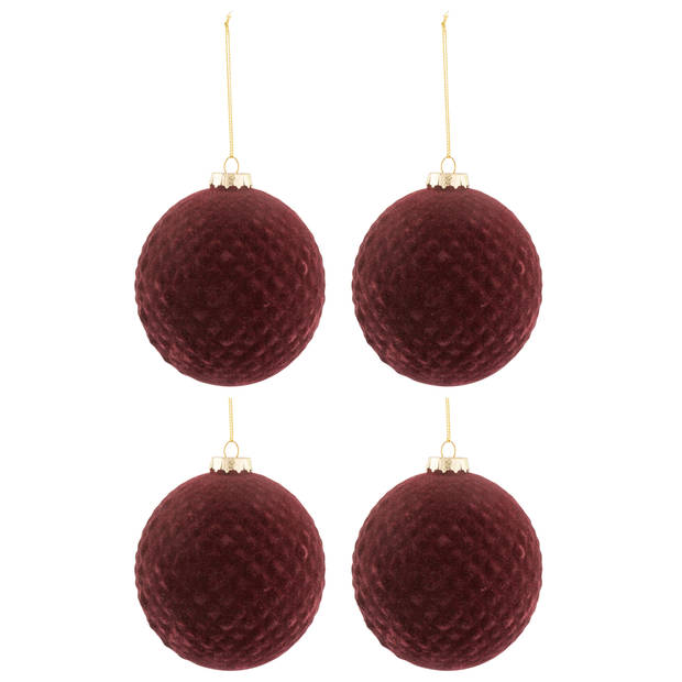 J-line - Doos Van 4 Kerstballen Patroon Fluweel Glas Burgundy Medium - 10x10x10cm