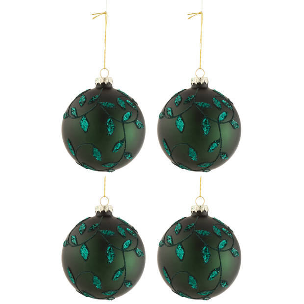 J-line - Doos Van 4 Kerstballen Blaadjes Glitter Glas Mat Groen Medium - 10x10x10cm