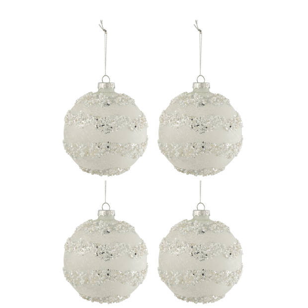 J-line - Doos Van 4 Kerstballen Lijnen Glitter+parels Wit/zilver Glas Mat Wit Medium - 10x10x10cm