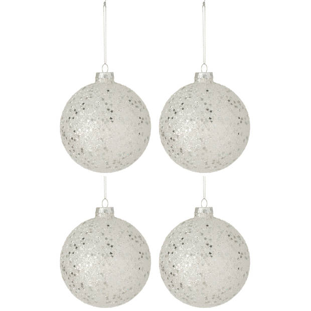 J-line - Doos Van 4 Kerstballen Sterretjes Glas Zilver Large - 12x12x12cm