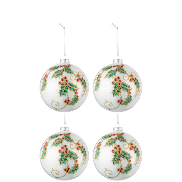 J-line - Doos Van 4 Kerstballen Kerstdeco Glas Wit/groen/rood Large - 12x12x12cm