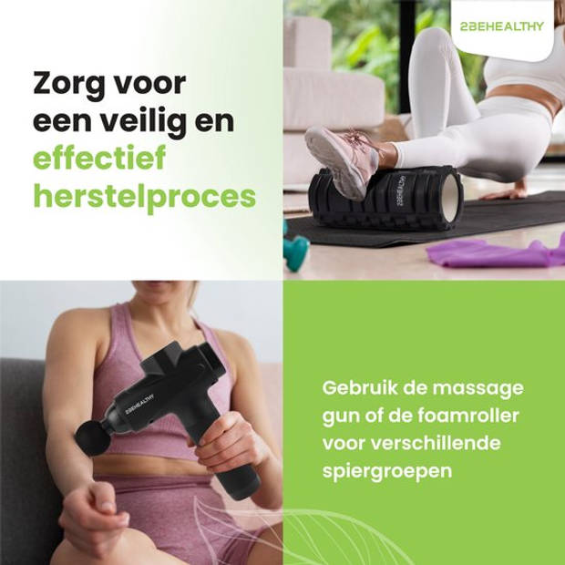 2BEHEALTHY Massage Gun Professioneel + Foam Roller - Incl. 6 Opzetstukken en 30 Massagestanden - 8 Uur Batterij