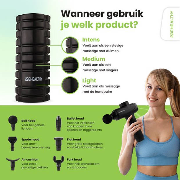 2BEHEALTHY Massage Gun Professioneel + Foam Roller - Incl. 6 Opzetstukken en 30 Massagestanden - 8 Uur Batterij