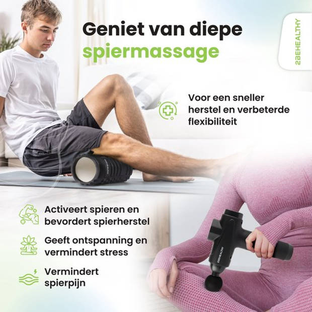 2BEHEALTHY Massage Gun Professioneel + Foam Roller - Incl. 6 Opzetstukken en 30 Massagestanden - 8 Uur Batterij