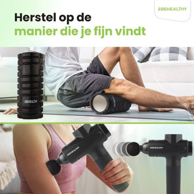 2BEHEALTHY Massage Gun Professioneel + Foam Roller - Incl. 6 Opzetstukken en 30 Massagestanden - 8 Uur Batterij