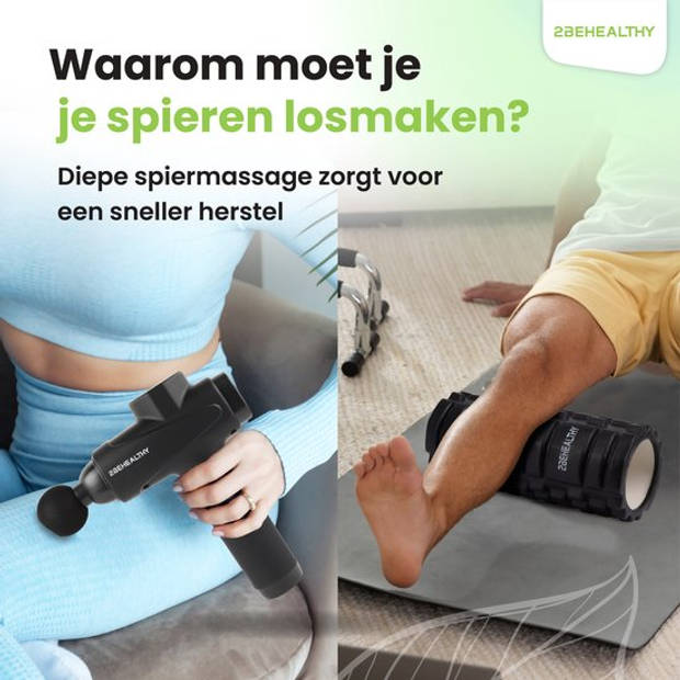 2BEHEALTHY Massage Gun Professioneel + Foam Roller - Incl. 6 Opzetstukken en 30 Massagestanden - 8 Uur Batterij